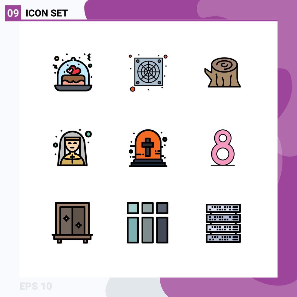 uppsättning av 9 modern ui ikoner symboler tecken för halloween korsa yrke trä nunna kvinna redigerbar vektor design element