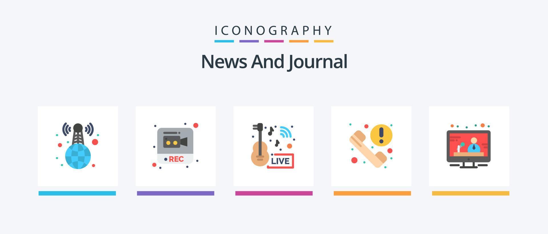 Nyheter platt 5 ikon packa Inklusive kommunikation. information. musik Nyheter. telefon. Nyheter. kreativ ikoner design vektor