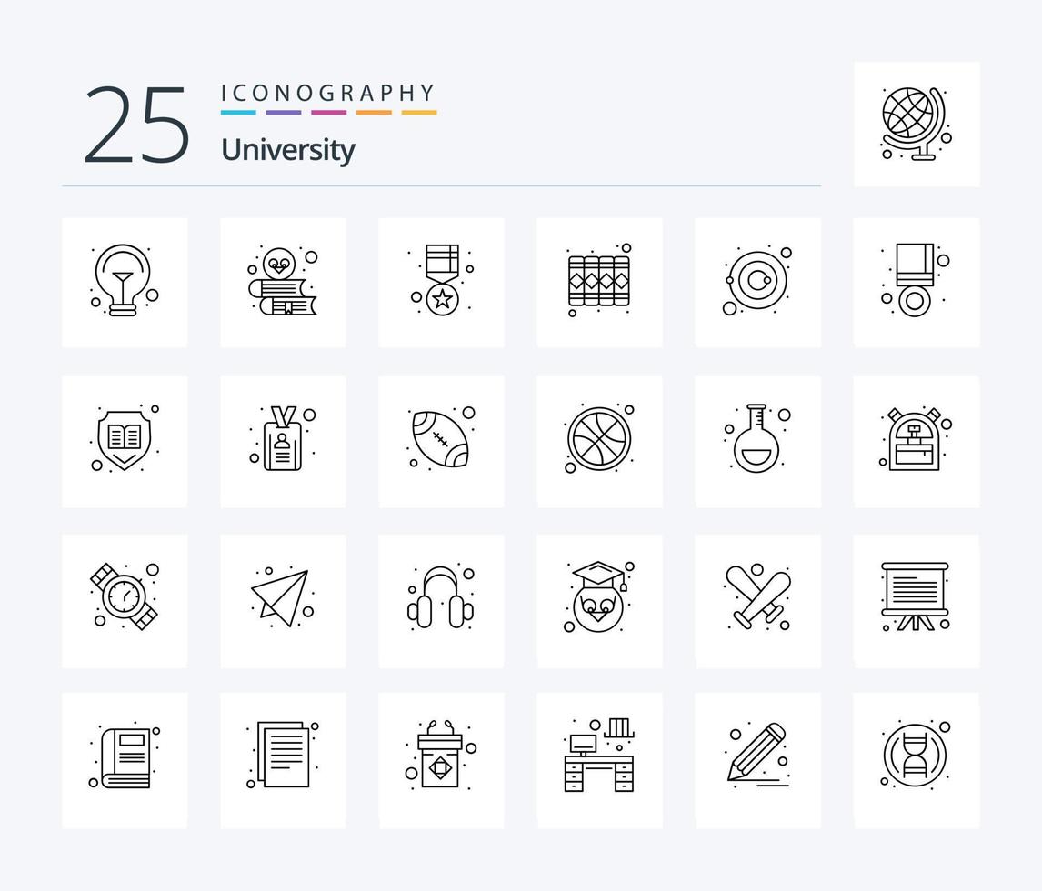 Universitäts-Icon-Pack mit 25 Zeilen, einschließlich Galaxie. Gold. Aufzeichnung. dokumentieren vektor