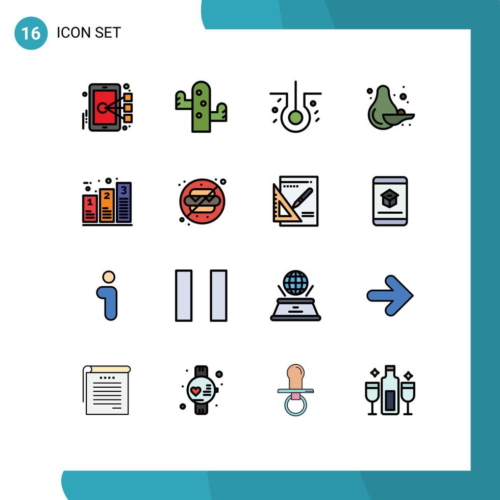 moderner Satz von 16 flachen, farbgefüllten Linien und Symbolen wie Verarbeitungsdiagramm Haarstab Obst editierbare kreative Vektordesign-Elemente vektor