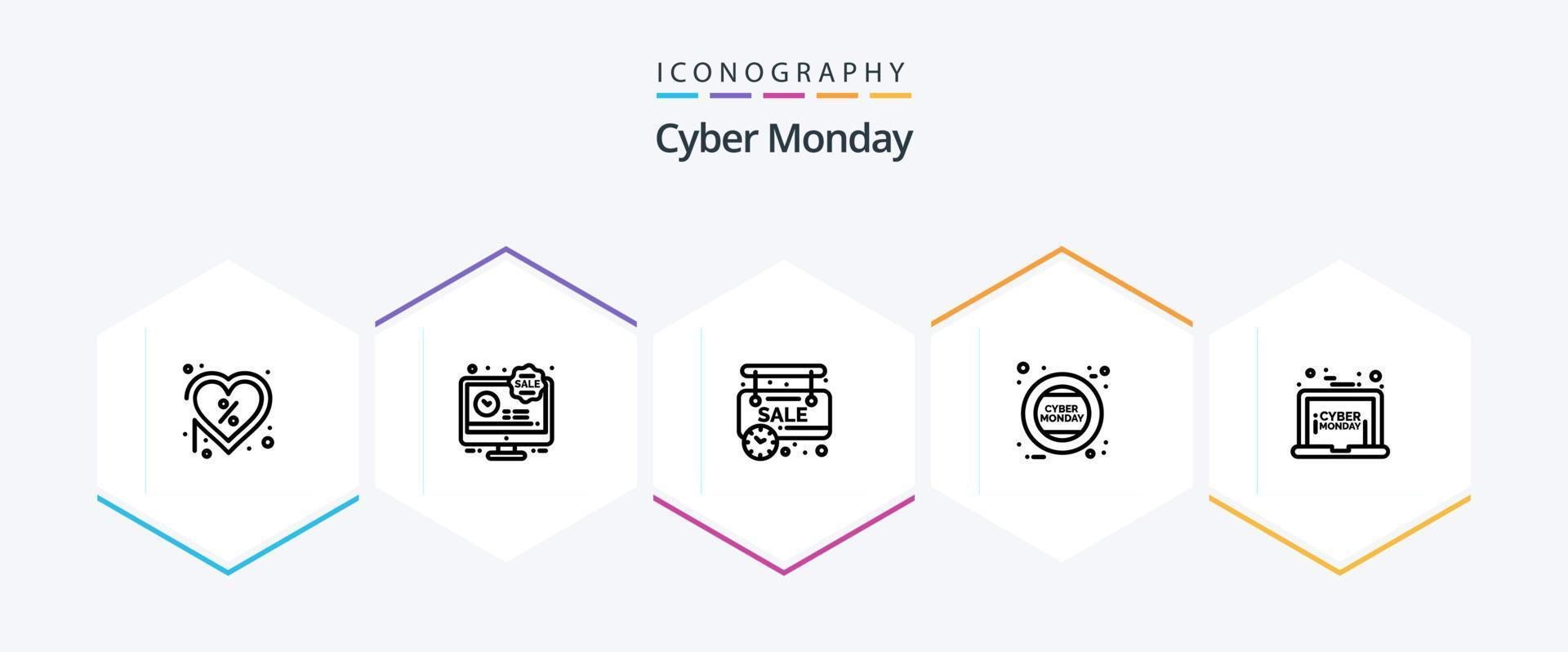 Cyber Monday 25-Zeilen-Icon-Pack inklusive Laptop. Montag. Rabatt. halten. online Shop vektor