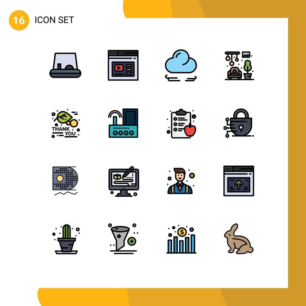 moderner Satz von 16 flachen, farbgefüllten Linien und Symbolen wie Router-Blattwolken-Herbstkronleuchtern editierbare kreative Vektordesign-Elemente vektor