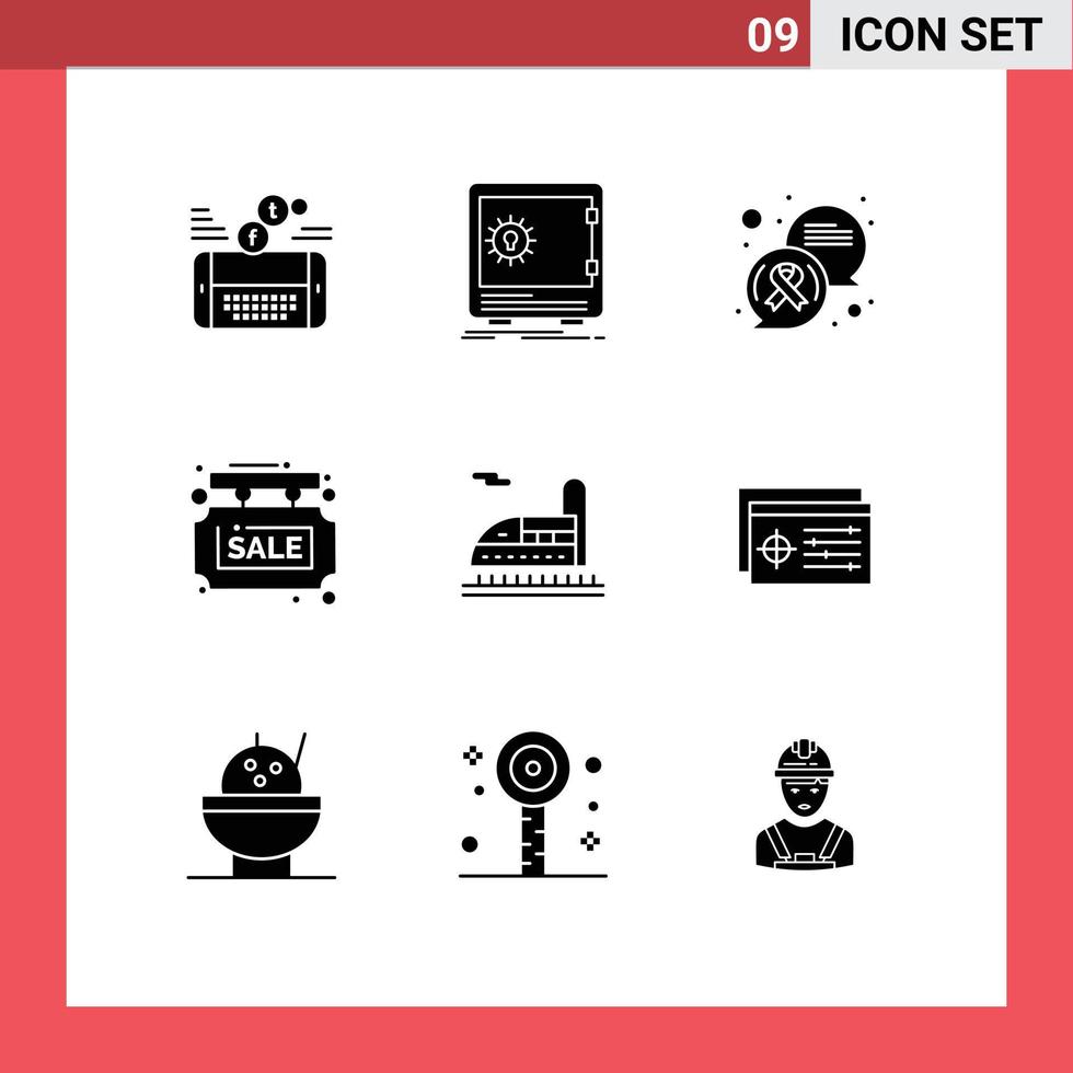 Gruppe von 9 soliden Glyphen Zeichen und Symbolen für Verkaufstafel Infotafel Sicherheitsinfo Nachricht editierbare Vektordesign-Elemente vektor