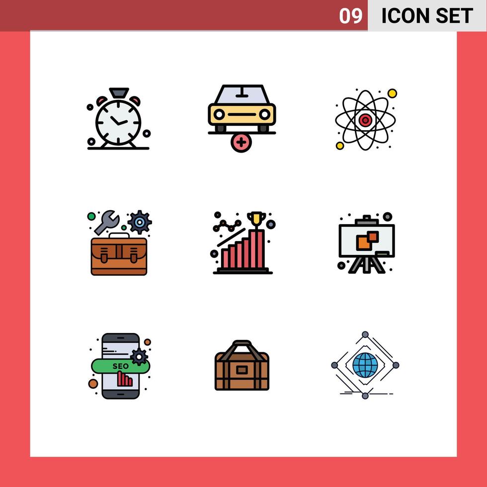 mobil gränssnitt fylld linje platt Färg uppsättning av 9 piktogram av uppnå verktygslåda fordon reparera studie redigerbar vektor design element