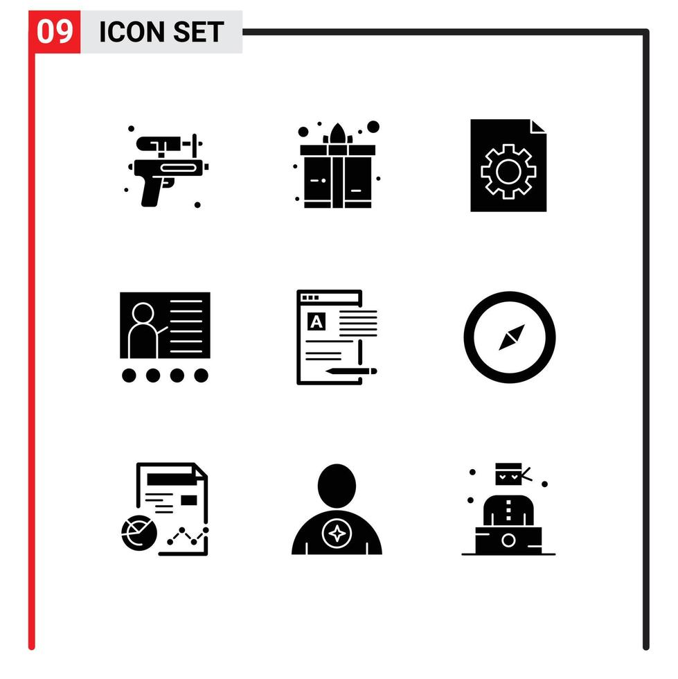 Gruppe von 9 modernen soliden Glyphen, die für bearbeitbare Vektordesign-Elemente für die Bildung von Artikeldokumenten für Lehrer eingestellt werden vektor