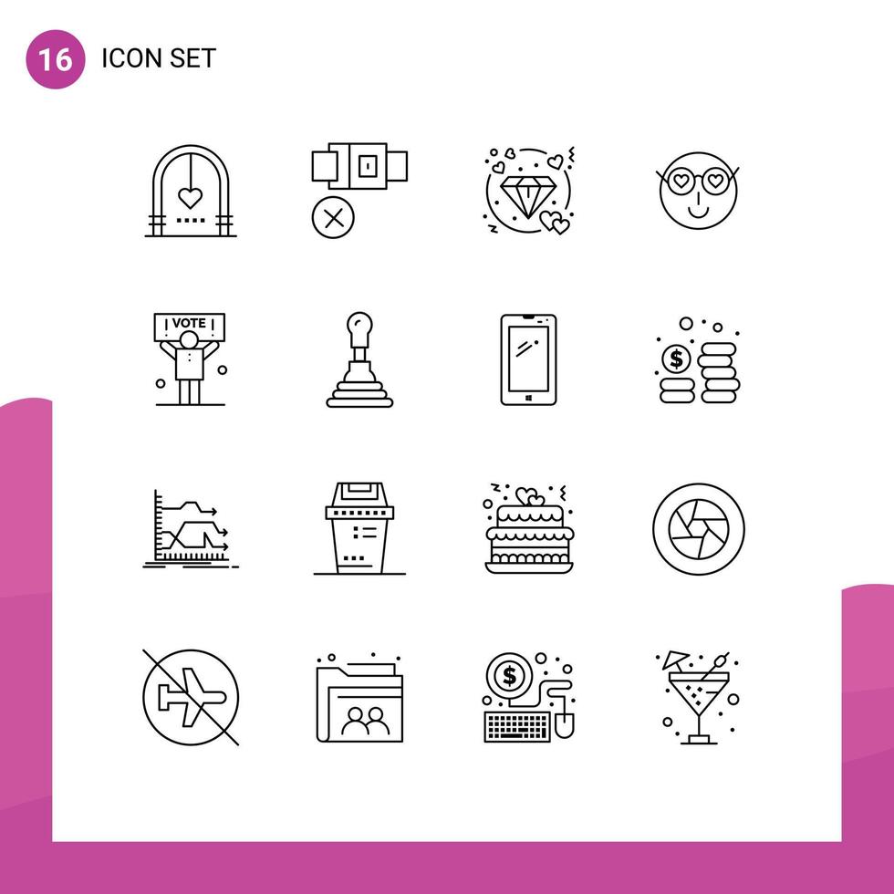 modern uppsättning av 16 konturer pictograph av användare kärlek säkerhet emoji bröllop redigerbar vektor design element