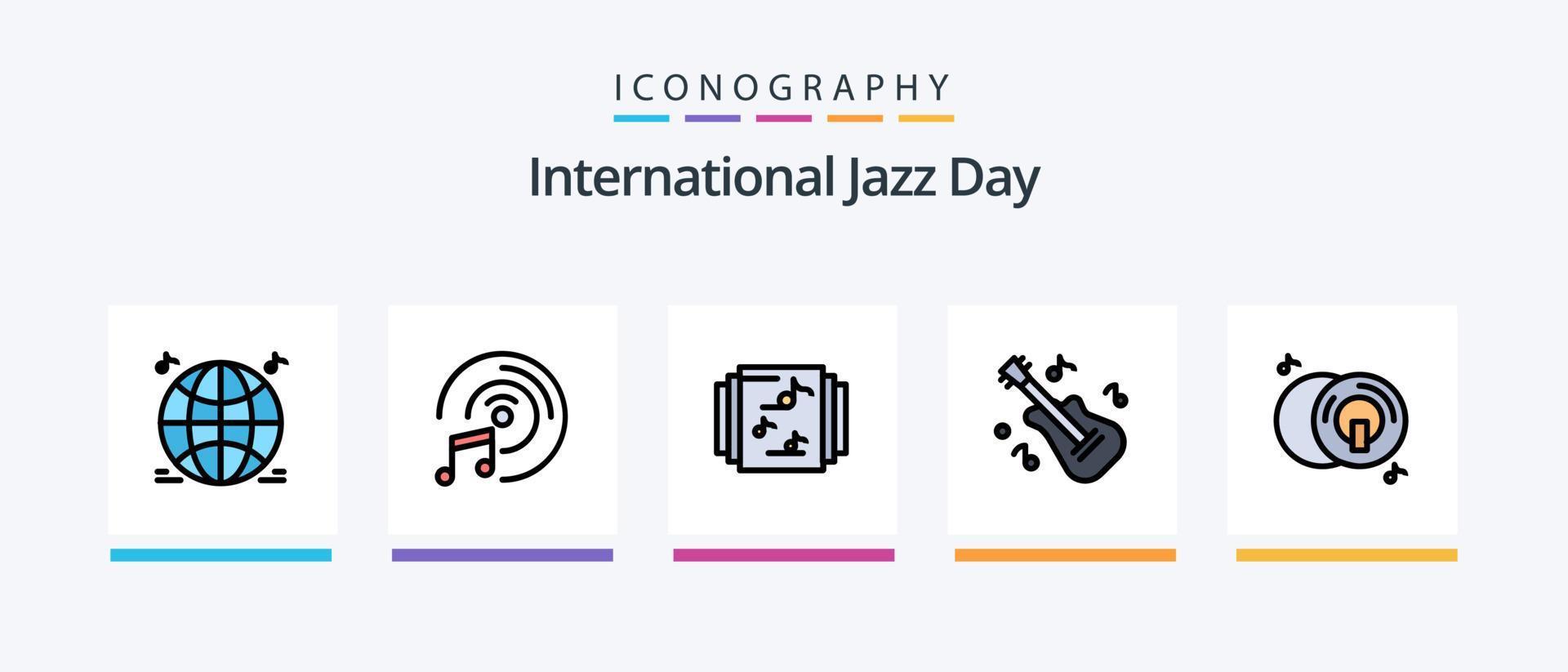 internationell jazz dag linje fylld 5 ikon packa Inklusive spelare . musik . fiol. Utrustning. kreativ ikoner design vektor