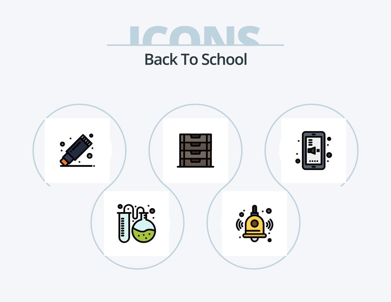 tillbaka till skola linje fylld ikon packa 5 ikon design. matematik. spel. skola förnödenheter. väska. stum vektor