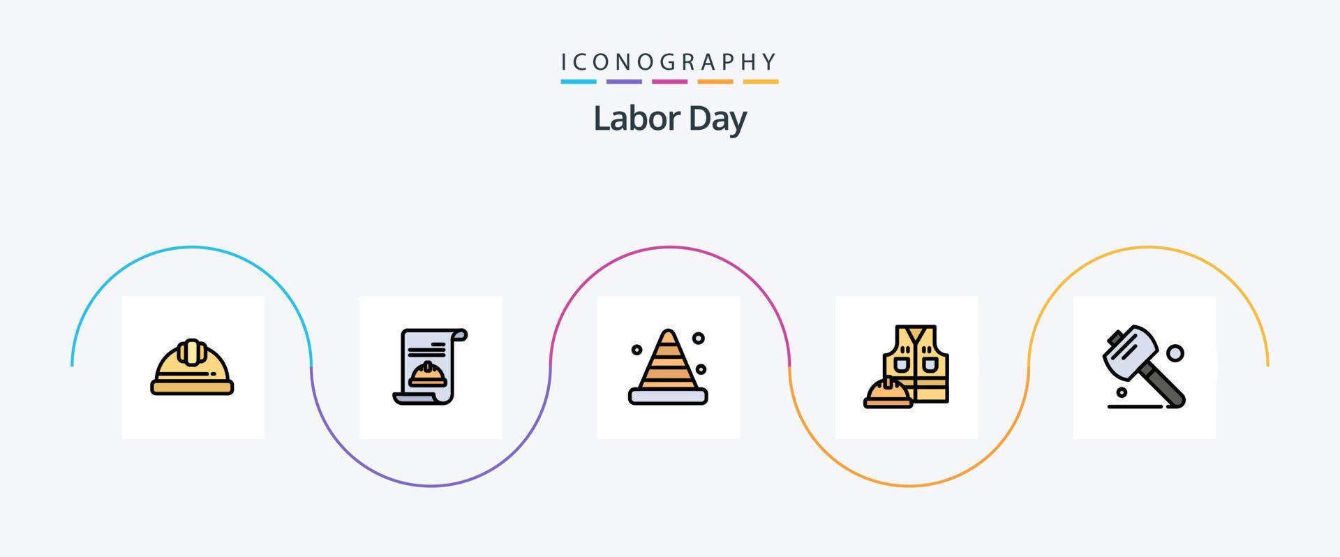 Labor Day Line gefüllt Flat 5 Icon Pack inklusive Säge. Arbeit. blocker. Jacke. Werkzeug vektor