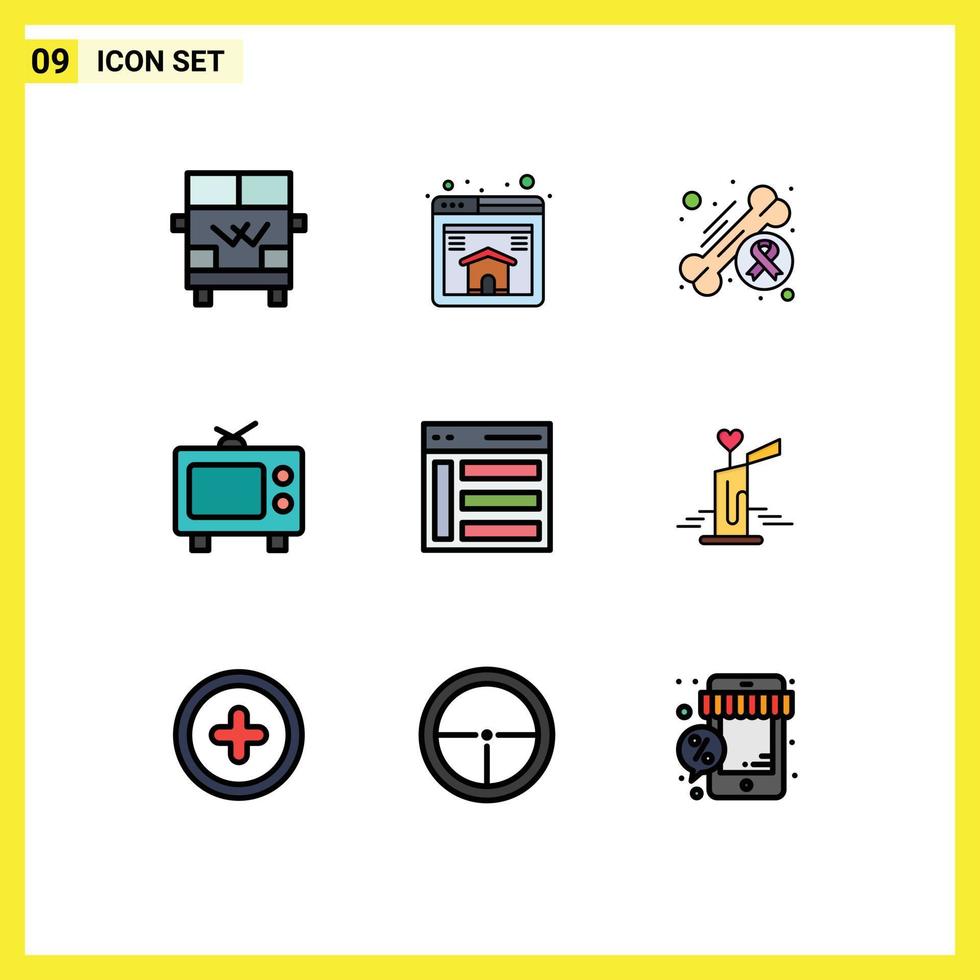 9 universelle gefüllte flache Farbzeichen Symbole der linken Kommunikation Knochenmedien tv editierbare Vektordesign-Elemente vektor