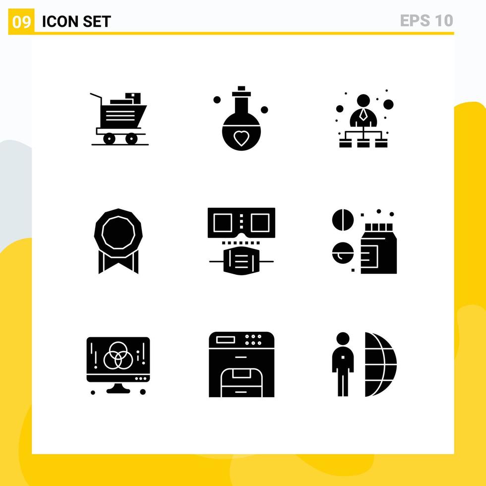 Gruppe von 9 modernen soliden Glyphen, die für hierarchische Netzwerkmedaillen von Schutzbrillen gesetzt werden, Bonus editierbare Vektordesign-Elemente vektor