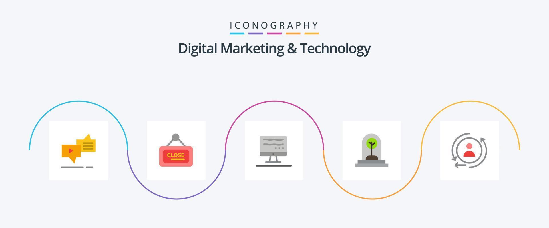 digital marknadsföring och teknologi platt 5 ikon packa Inklusive digital. växt. stänga. ny. företag vektor