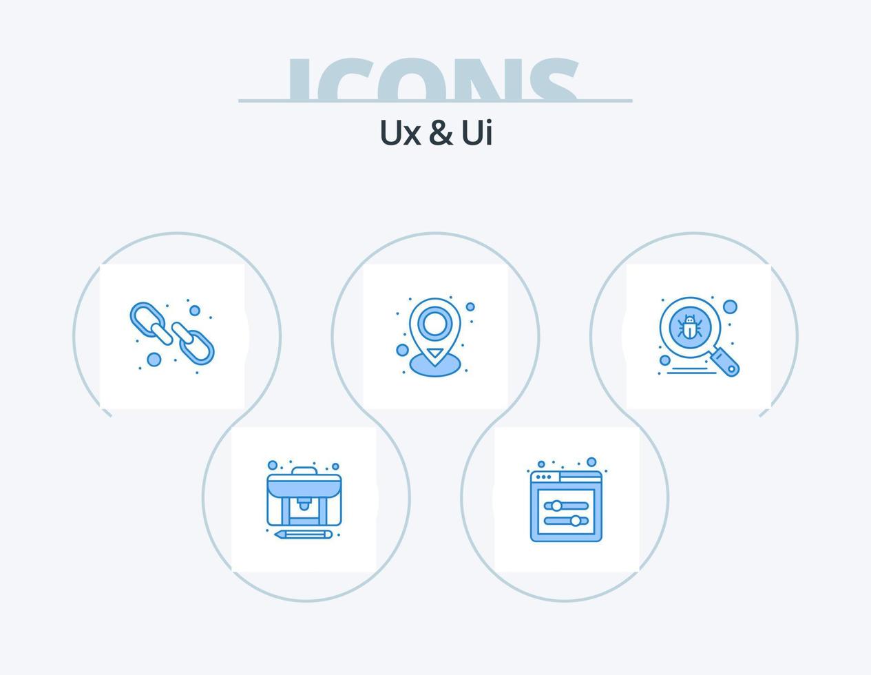 ux och ui blå ikon packa 5 ikon design. Sök. insekt. länk. plats. Karta vektor