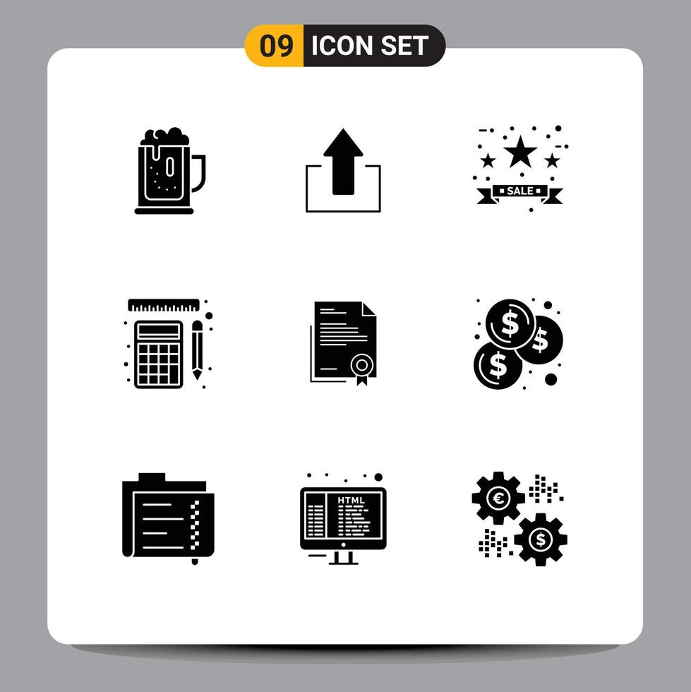 moderner Satz von 9 soliden Glyphen und Symbolen wie Zertifikatslinealen Upload-Tools Verkauf Tag editierbare Vektordesign-Elemente vektor