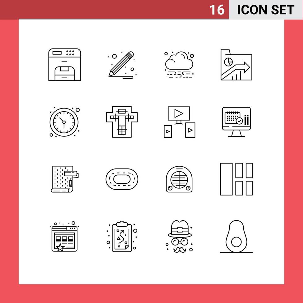 Gliederungssatz für mobile Schnittstellen mit 16 Piktogrammen von bearbeitbaren Vektordesign-Elementen für Wanduhrzeitwolken-Uhrdiagramm vektor