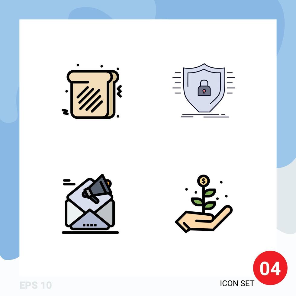 mobil gränssnitt fylld linje platt Färg uppsättning av 4 piktogram av rostat bröd kampanj försvar säkerhet marknadsföring redigerbar vektor design element