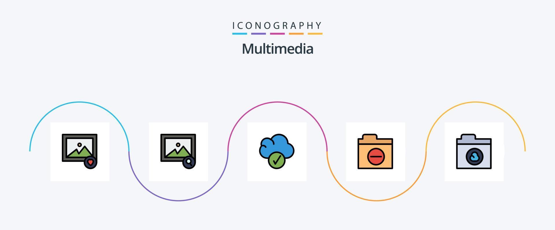 Multimedia-Linie gefülltes flaches 5-Icon-Paket einschließlich . Netzwerk. Daten. Mappe. Error vektor