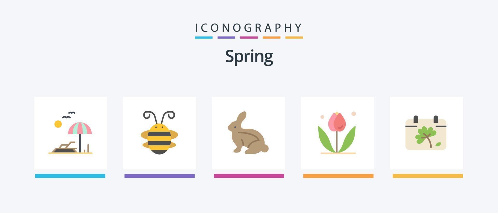 vår platt 5 ikon packa Inklusive kalender. natur. nyckelpiga. blommig. kanin. kreativ ikoner design vektor