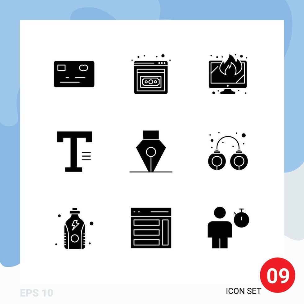 Solider Glyphensatz der mobilen Schnittstelle mit 9 Piktogrammen von kriminellen Stiften, die Tinte verloren haben, schreiben editierbare Vektordesign-Elemente vektor
