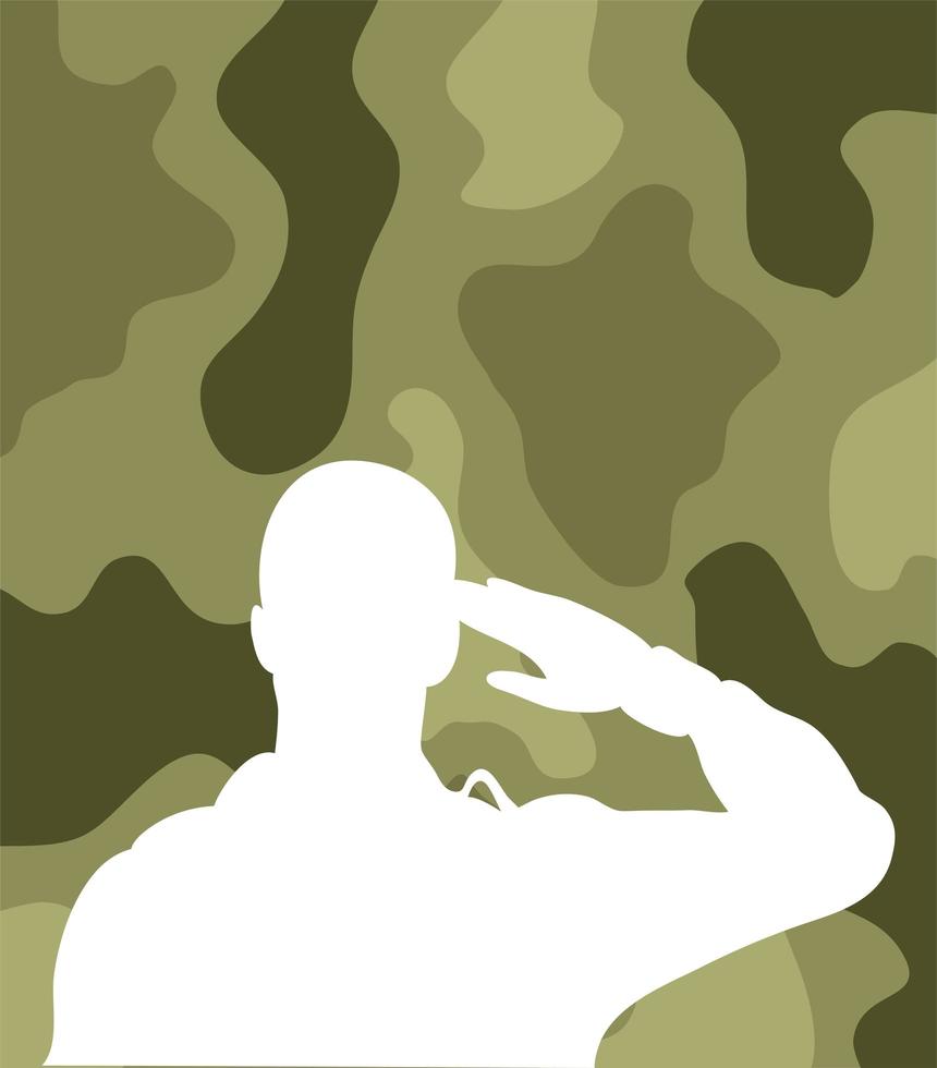 soldat som hälsar silhuetten i kamouflagebakgrund vektor
