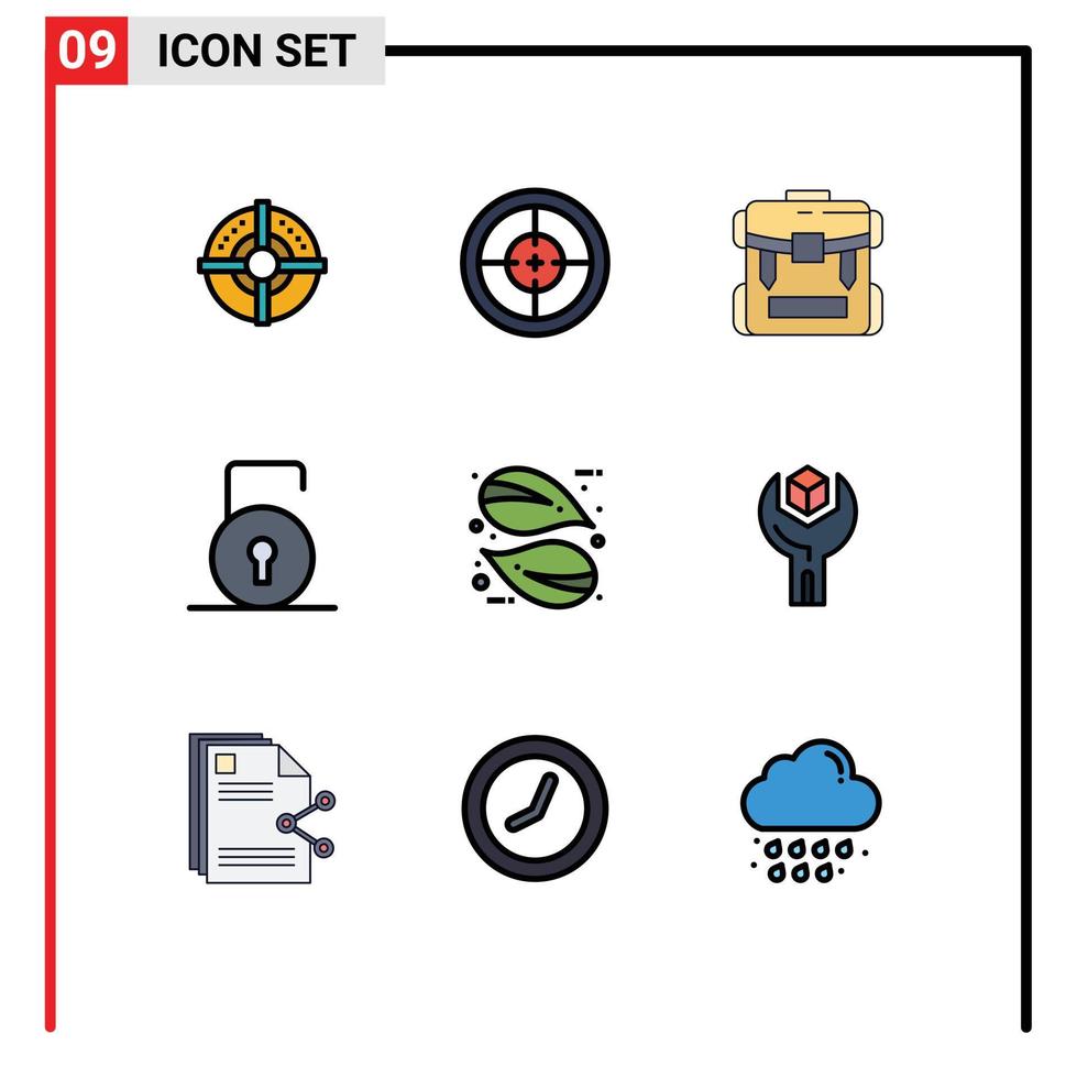 Satz von 9 kommerziellen Filledline-Flachfarbpaketen für Sicherheitsschloss-Pad-Zielschlüssel, die editierbare Vektordesign-Elemente wandern vektor