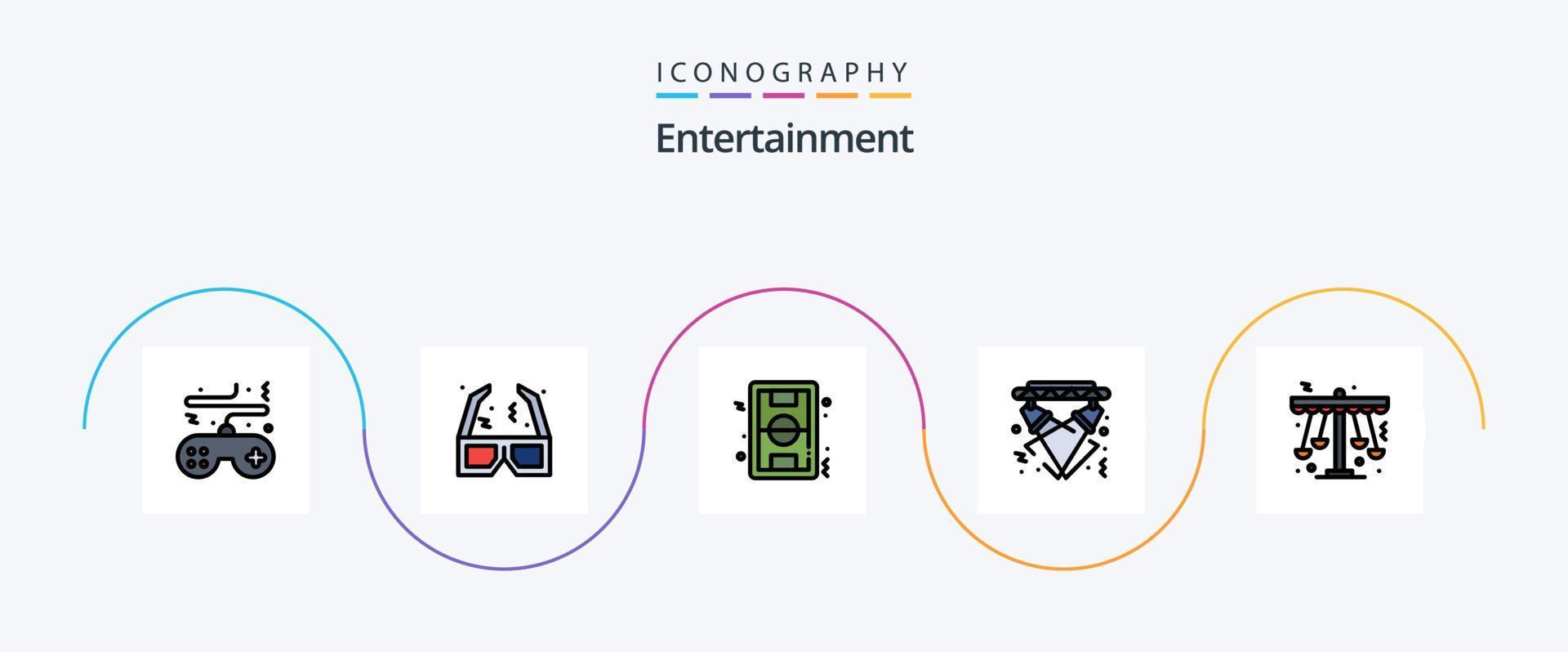 Unterhaltungslinie gefüllt Flat 5 Icon Pack inklusive Strom. Lichter. Kino. Disko. Fußball vektor