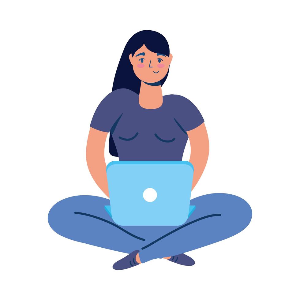 junge Frau mit Laptop sitzenden Charakter vektor
