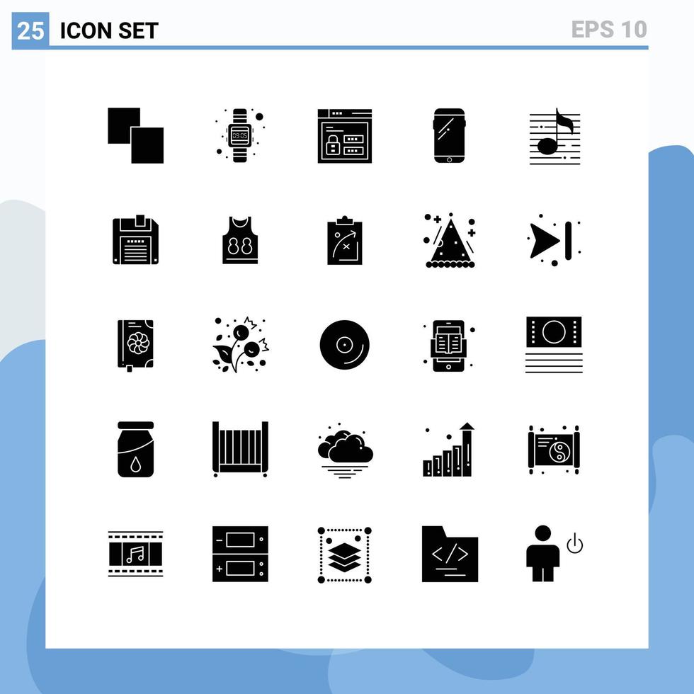universelle Symbolsymbole Gruppe von 25 modernen soliden Glyphen der Musik Samsung Web Huawei Smartphone editierbare Vektordesign-Elemente vektor