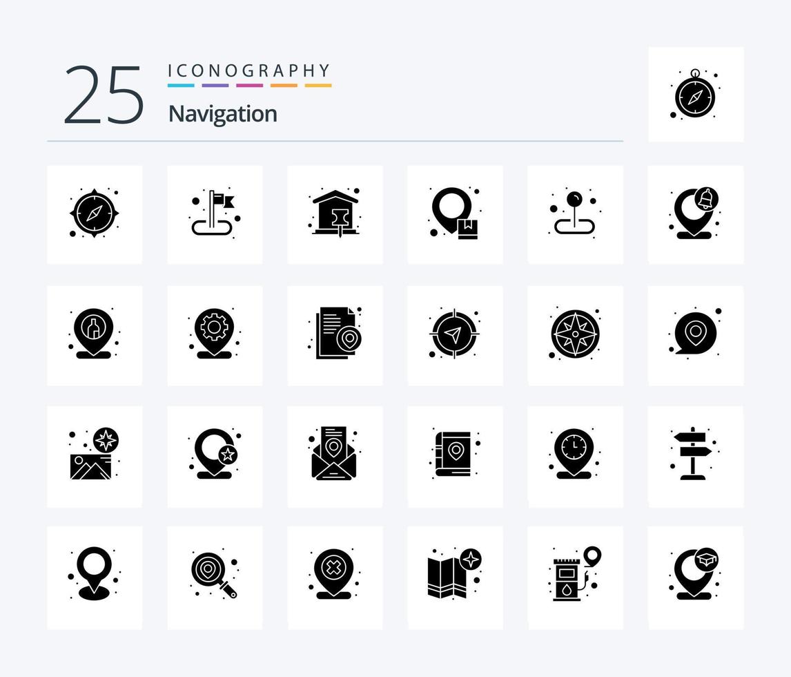 Navigation 25 solides Glyphen-Icon-Pack inklusive Karte. Stift. Lage. Karte. Kasten vektor