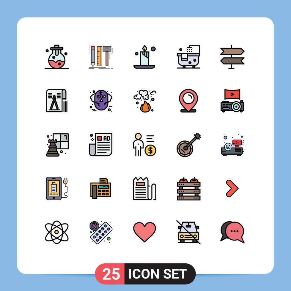 25 universelle, gefüllte Linien-Flachfarben für Web- und mobile Anwendungen, Zeigerrichtung, Kerze, Dusche, Bad, editierbare Vektordesign-Elemente vektor