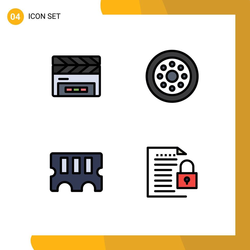 4 universell fylld linje platt färger uppsättning för webb och mobil tillämpningar clapboard minne filma flik velg data redigerbar vektor design element