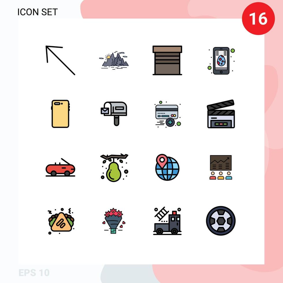 16 universelle, flache, farbgefüllte Linien für Web- und mobile Anwendungen, Smartphone, mobiles Gebäude, Eizelle, editierbare, kreative Vektordesign-Elemente vektor