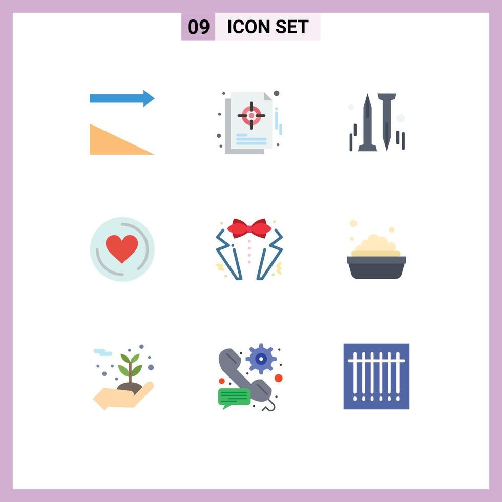 universelle Symbolsymbole Gruppe von 9 modernen flachen Farben von Anzug Herz Nagel Bogen cd editierbare Vektordesign-Elemente vektor