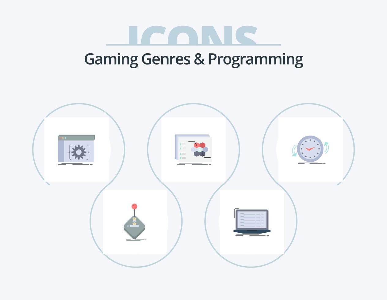 gaming genrer och programmering platt ikon packa 5 ikon design. strategi. spel. utvecklaren. programvara. kodning vektor