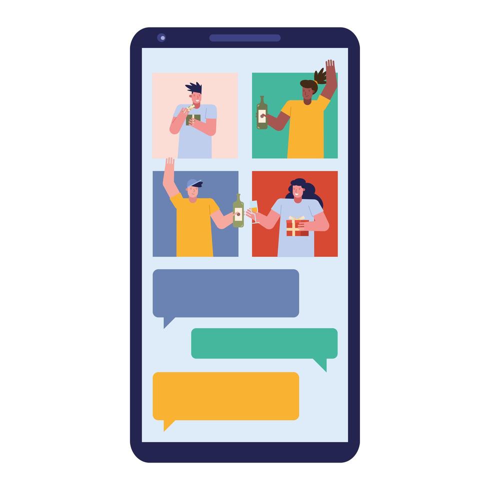 unga människor firar med gåvor och vin i smartphones vektor