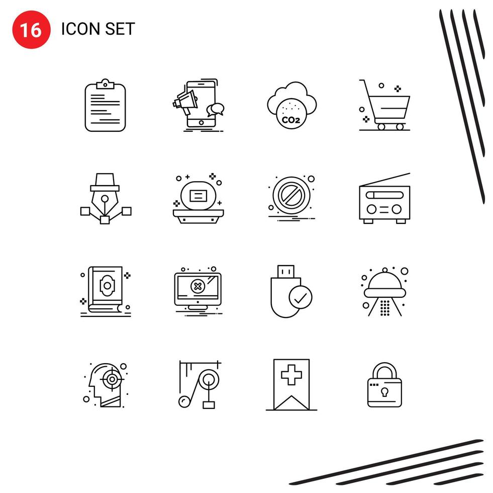 Stock Vector Icon Pack mit 16 Zeilen Zeichen und Symbolen zum Einkaufen löschen Megaphon Warenkorb co editierbare Vektordesign-Elemente