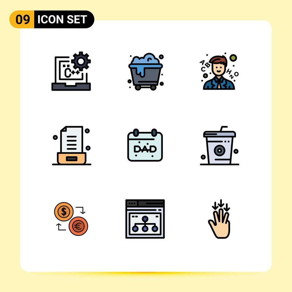 mobil gränssnitt fylld linje platt Färg uppsättning av 9 piktogram av far kalender lära sig kontor brev redigerbar vektor design element