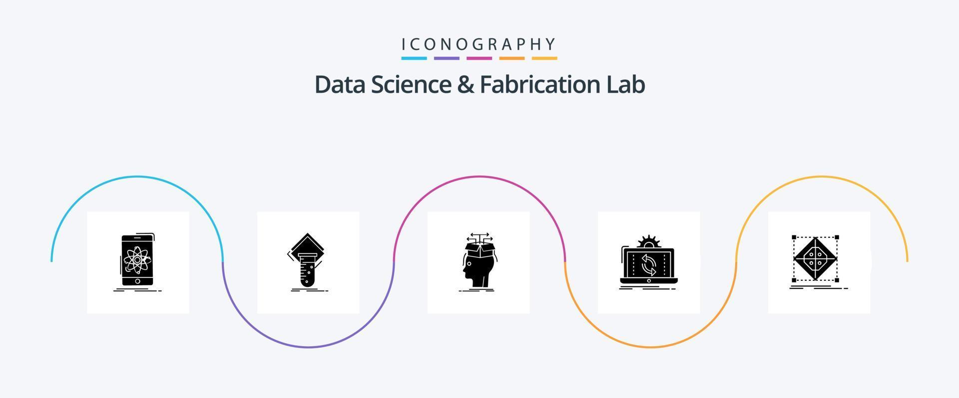 Data Science and Fabrication Lab Glyph 5 Icon Pack inklusive Analyse. Daten. Prüfung. teilen. Kopf vektor