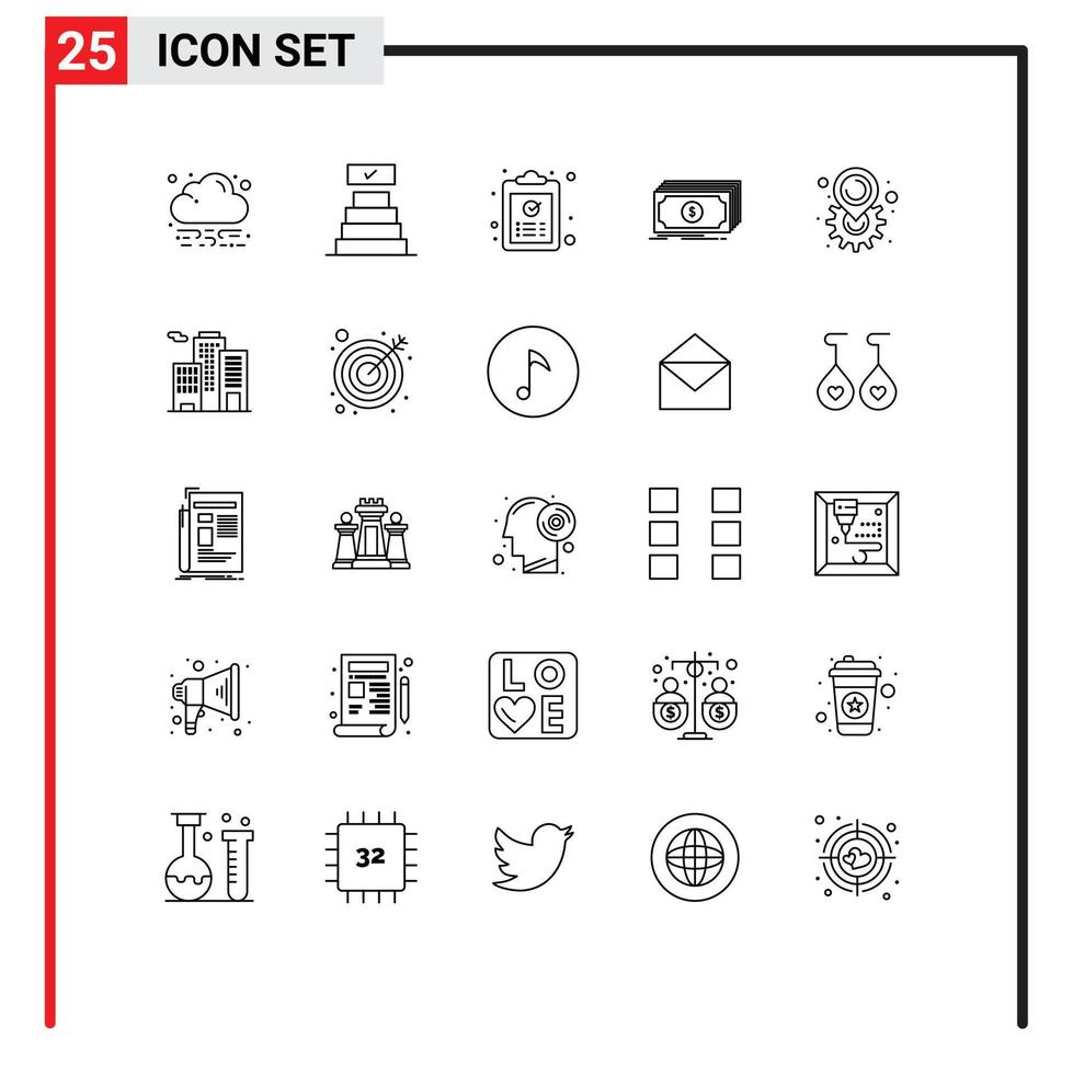 Aktienvektor-Icon-Pack mit 25 Zeilenzeichen und Symbolen für Standort Geld ok Geldmittel Dollar editierbare Vektordesign-Elemente vektor