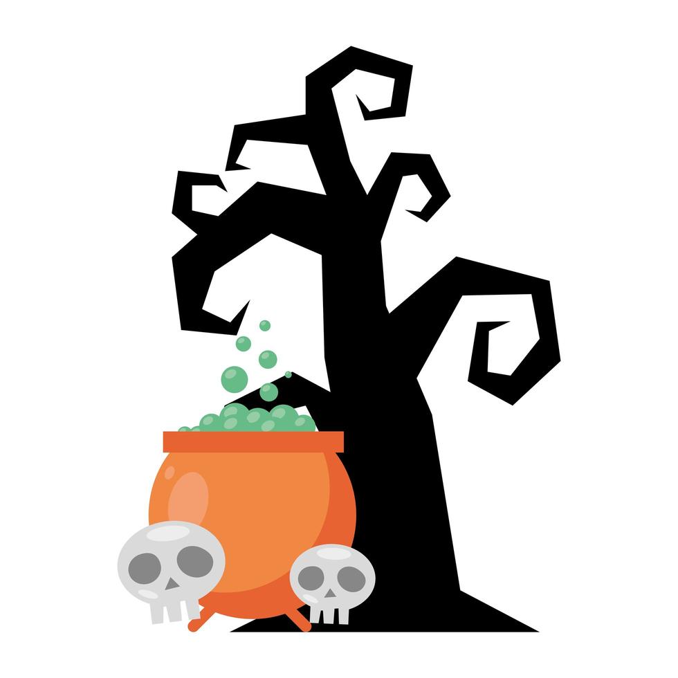 dunkler Baum mit Kessel und Schädeln Halloween-Ikonen vektor