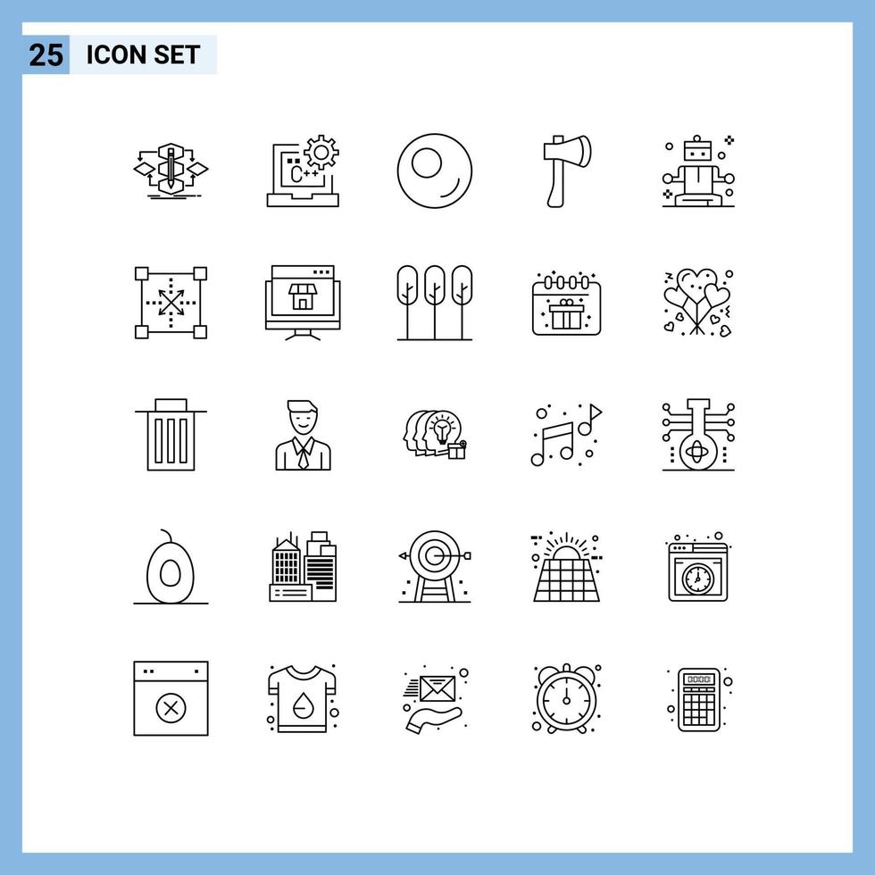 Stock Vector Icon Pack mit 25 Linienzeichen und Symbolen für das Bauaxtwerkzeug Entwicklung von Axtaxt-editierbaren Vektordesignelementen