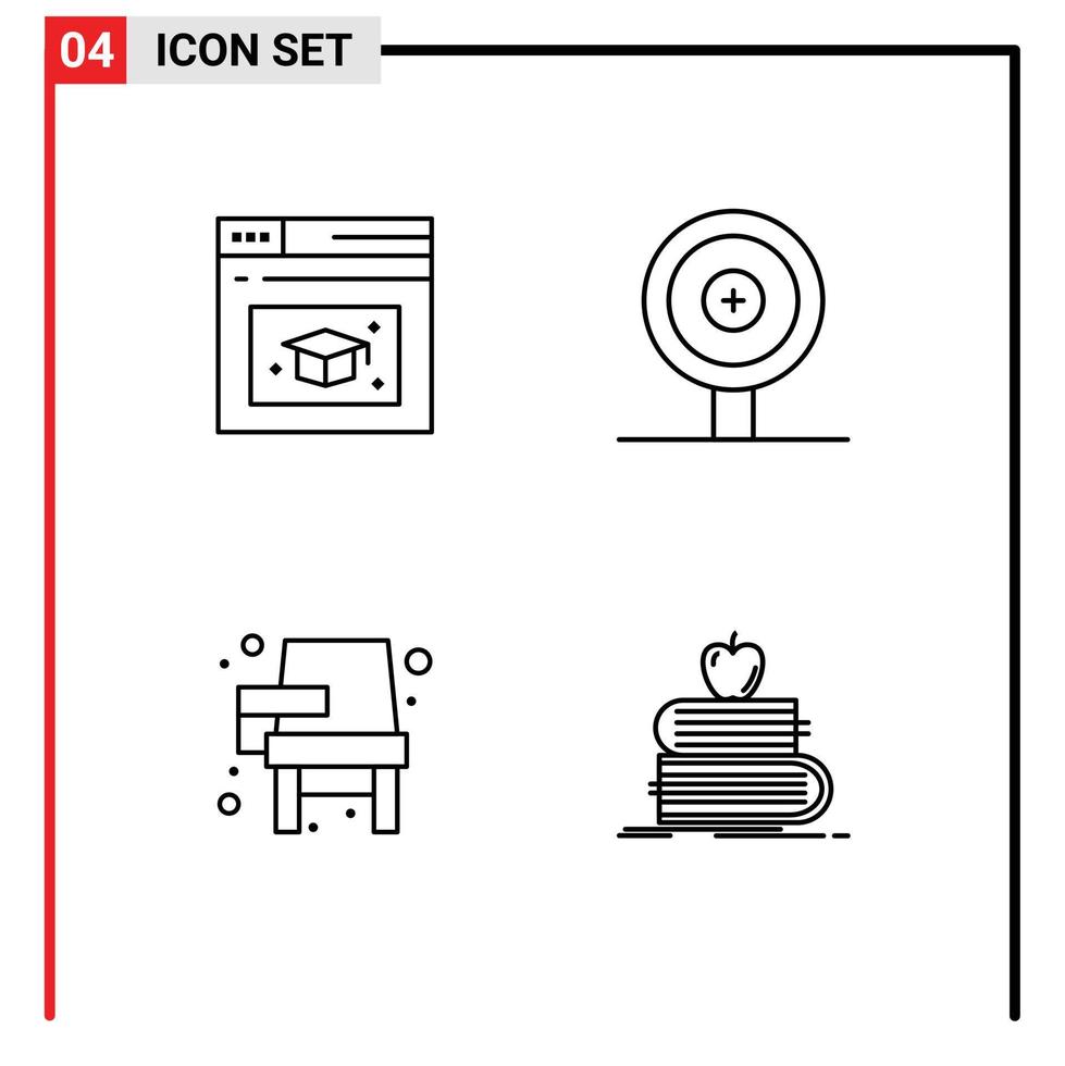 Stock Vector Icon Pack mit 4 Zeilenzeichen und Symbolen für das Lernen von Business-Stuhl auf der Webseite Zurück zur Schule editierbare Vektordesign-Elemente