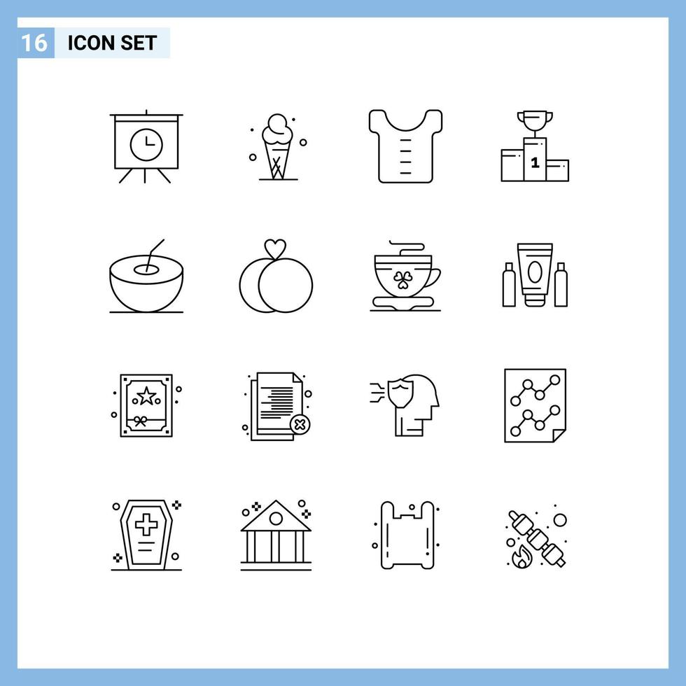 modern uppsättning av 16 konturer pictograph av äktenskap kokos kläder bägare mästare redigerbar vektor design element