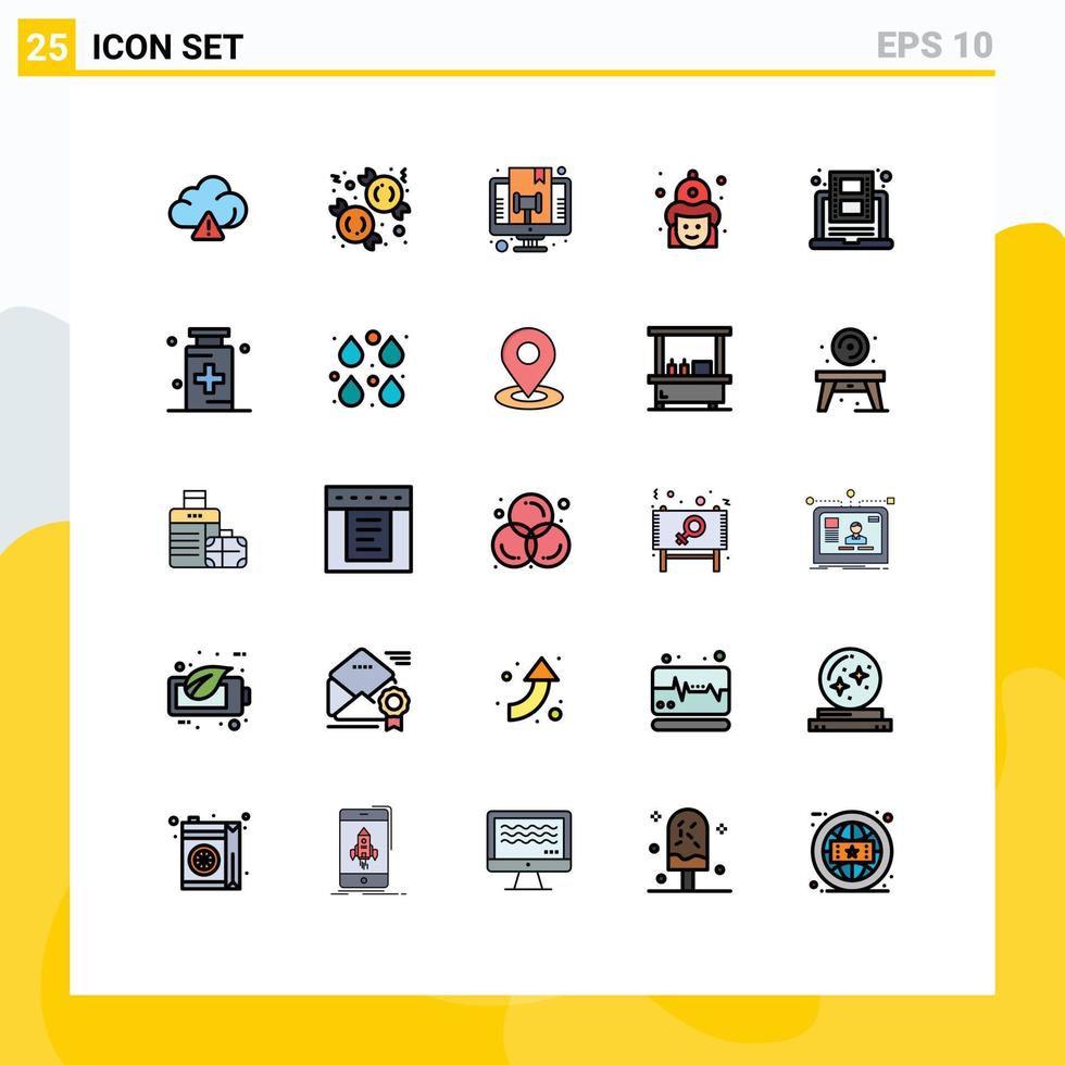 25 universell fylld linje platt färger uppsättning för webb och mobil tillämpningar utbildning brandmän bedöma brandman bekämpa redigerbar vektor design element