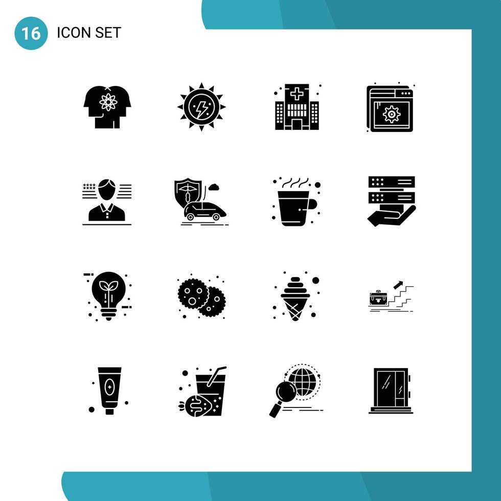 16 solides Glyphenkonzept für mobile Websites und Apps, die die Sonne einstellen, helfen, editierbare Vektordesign-Elemente des Krankenhauses vektor