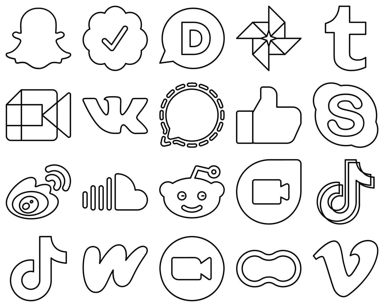 20 hochauflösende Social-Media-Icons mit schwarzen Umrissen wie sina. Plaudern. vk. Skype und ähnliche Symbole. sauber und professionell vektor