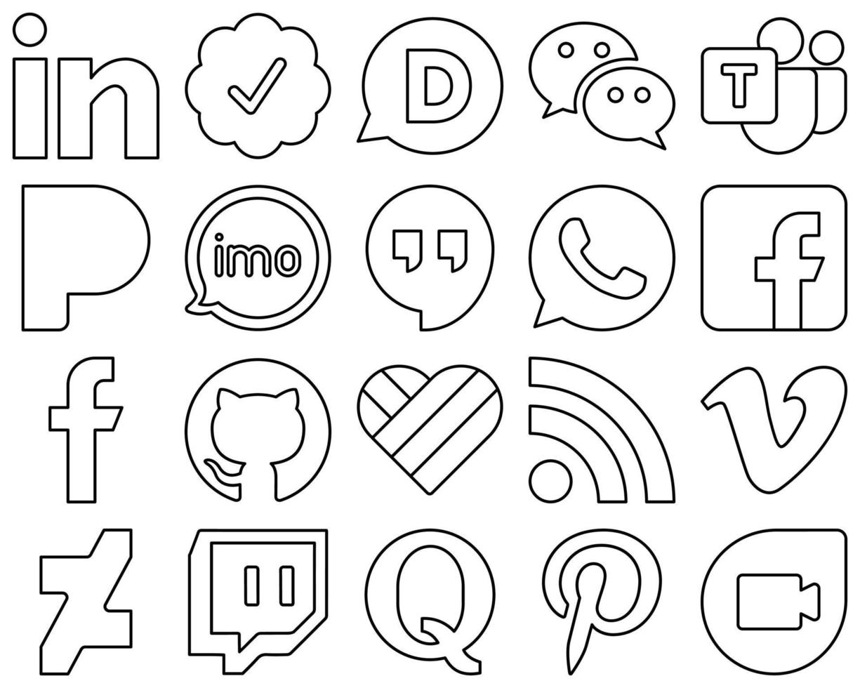 20 saubere und moderne Social-Media-Symbole mit schwarzen Linien wie Facebook pandora- und whatsapp-symbole. sauber und minimalistisch vektor