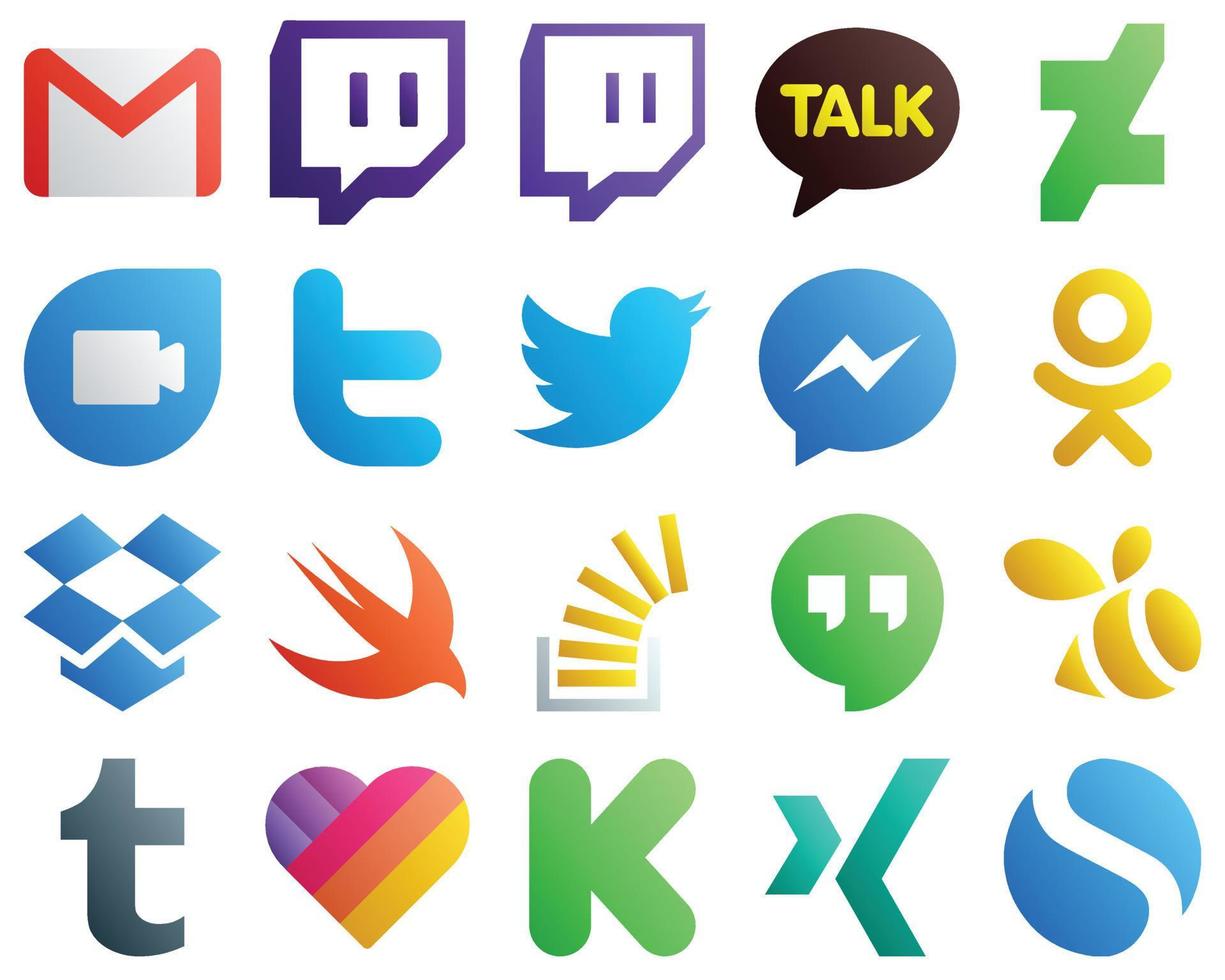 20 minimalistische Social-Media-Icons mit Farbverlauf wie Stock. Lagerüberlauf. twittern. Swift- und Odnoklassniki-Symbole. editierbar und hochauflösend vektor