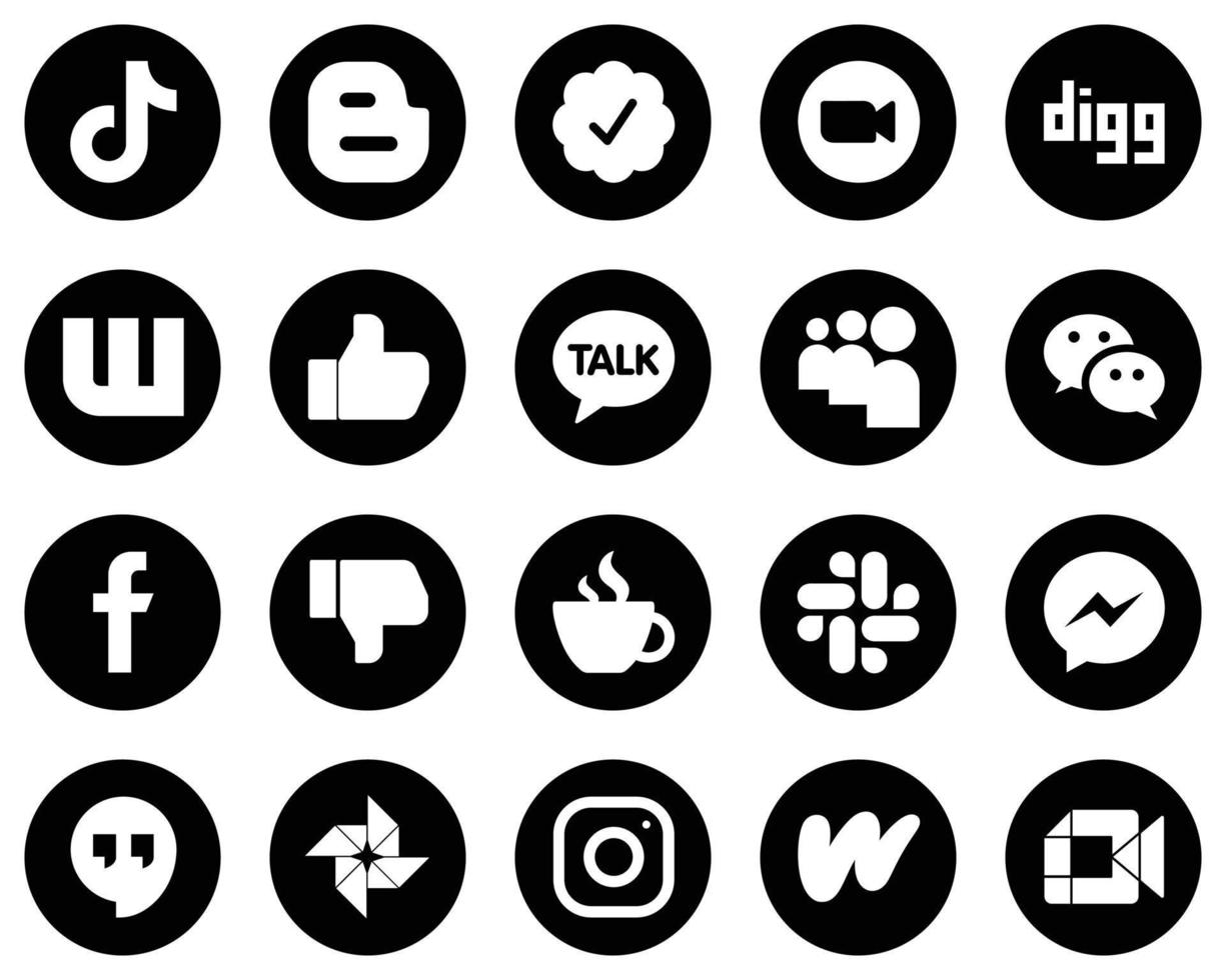 20 anpassbare weiße Social-Media-Symbole auf schwarzem Hintergrund wie Myspace. Facebook. Zoomen. Like- und Digg-Symbole. vollständig anpassbar und hochwertig vektor
