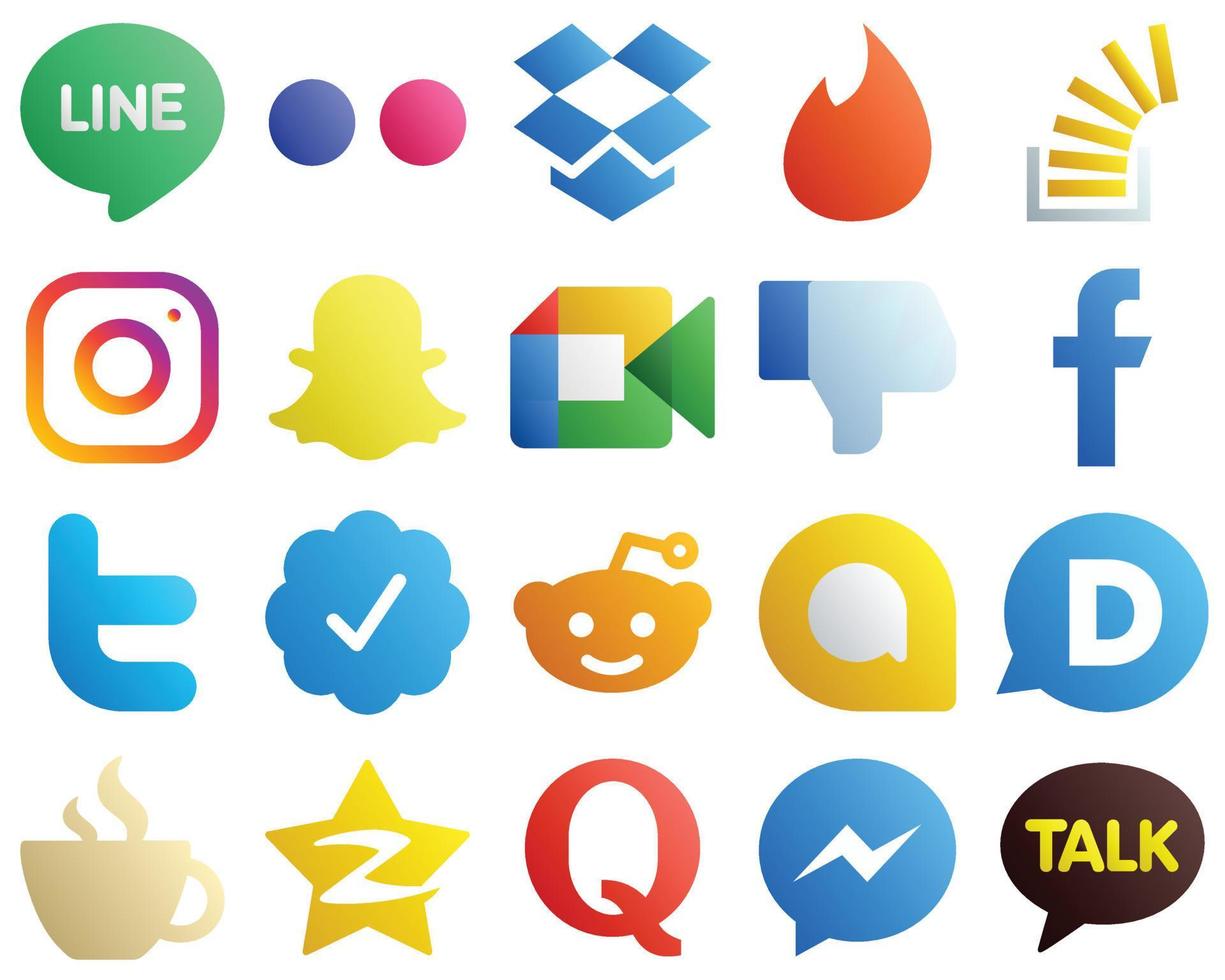 20 hochwertige Social-Media-Icons mit Farbverlauf wie Facebook. Überlauf. Video- und Snapchat-Symbole. professionell und hochauflösend vektor